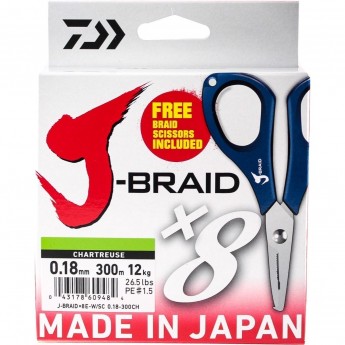 Шнур DAIWA J-Braid X8E-W/SC 0,18мм 300м chartreuse + ножницы